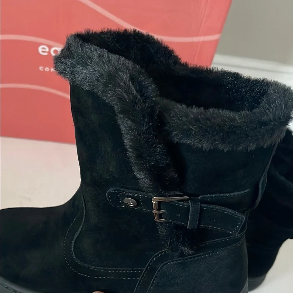 Easy Spirit Segraye Black Genuine Leather Faux-Fur Lined Winter Boots, Size 8 W